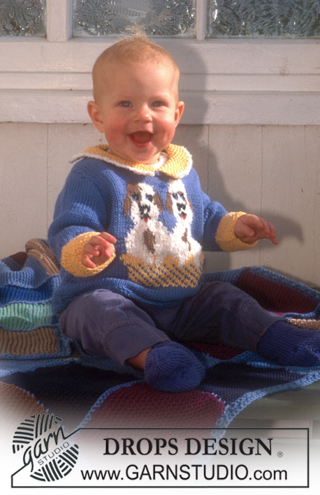 DROPS Baby 6-20 - Sweater in Muskat with puppies.Blanket in Karisma Superwash or Muskat with squares. Safran Socks.