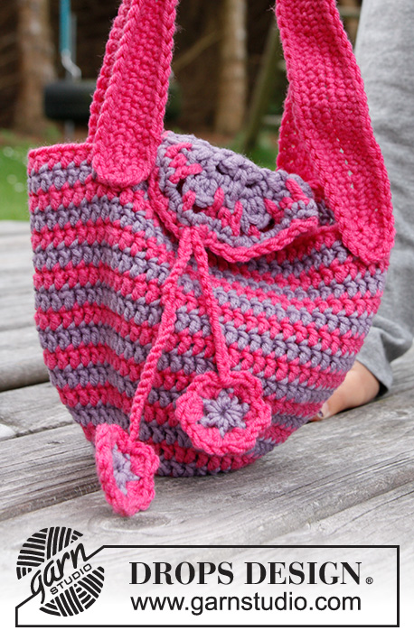 Flower Carrier / DROPS Children 22-28 - Crochet DROPS bag with flowers in ”Karisma”.
