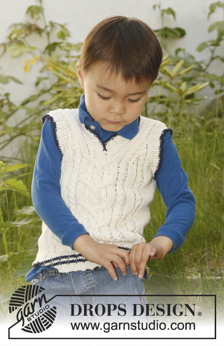 Oliver Twist / DROPS Children 23-18 - Knitted vest / slipover with V-neck and cables in DROPS BabyAlpaca Silk. Size children 3 to 12 years.