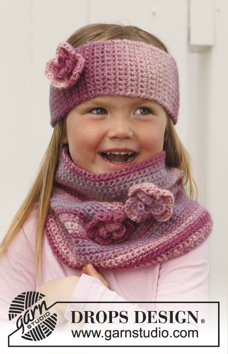 Pink Parfait / DROPS Children 24-40 - Hæklet pandebånd og hals i DROPS Big Delight til børn