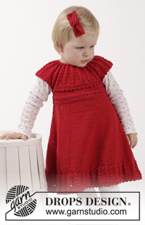 Little Hedda / DROPS Children 26-14 - Knitted dress with lace edge and round yoke plus hair bow in garter st in DROPS Cotton Merino. For baby and children in sizes 1 month - 6 years.