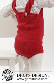 Petit Lutin / DROPS Children 26-17 - Komplet: Krótkie spodenki na drutach, na szelkach, skarpetki i czapka / czapka świąteczna na drutach, z włóczki DROPS Cotton Merino. Od 1 do 18 miesięcy
