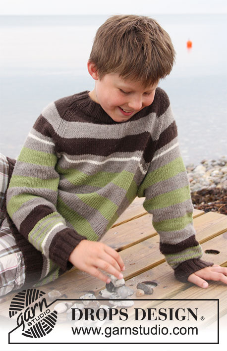 Sticks and Stones / DROPS Children 27-18 - Dětský pruhovaný raglánový pulovr pletený shora dolů z příze DROPS Merino Extra Fine. Velikost: 3 roky – 14 let.