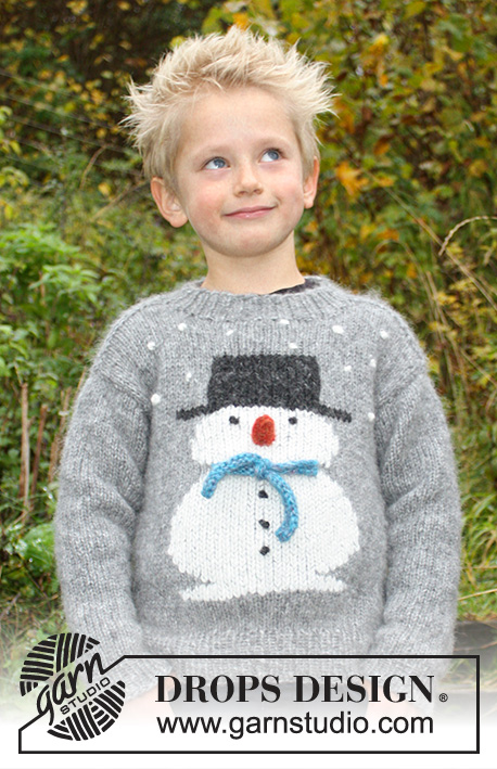 Frosty's Christmas Kids / DROPS Children 30-28 - Pull de Noël tricoté avec jacquard bonhomme de neige, en DROPS Air. Taille enfant du 2 – 12 ans.