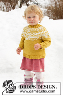 Little Missy / DROPS Children 32-7 - Knitted jumper for babies and children with round yoke in DROPS Merino Extra Fine. The piece is worked top down with Nordic pattern. Sizes 12 months – 12 years.