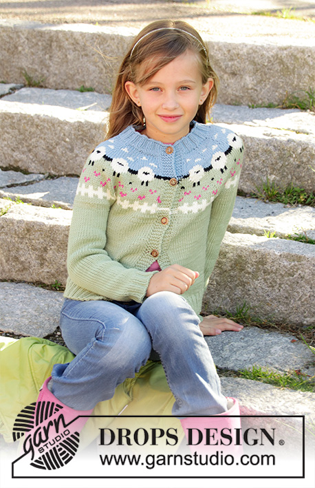 Lamb Dance / DROPS Children 34-1 - Knitted jacket for kids in DROPS Merino Extra Fine or DROPS Lima. Piece is knitted top down with sheep, color pattern, ribs and stockinette stitch. Size 3-12 years