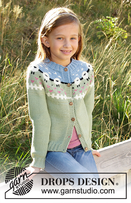 Lamb Dance / DROPS Children 34-1 - Knitted jacket for kids in DROPS Merino Extra Fine or DROPS Lima. Piece is knitted top down with sheep, color pattern, ribs and stockinette stitch. Size 3-12 years