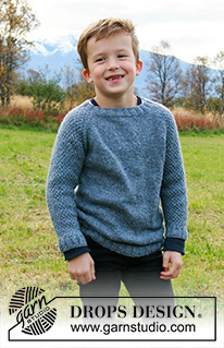 Blue August / DROPS Children 34-17 - Knitted sweater for children in DROPS Sky. The piece is worked top down with raglan and double moss stitch on sleeves. Sizes 2-12 years.