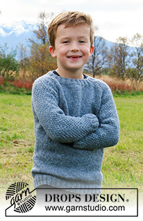 Blue August / DROPS Children 34-17 - Knitted sweater for children in DROPS Sky. The piece is worked top down with raglan and double moss stitch on sleeves. Sizes 2-12 years.