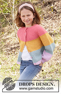 Candy Bar Jacket / DROPS Children 34-24 - Rozpinany sweter na drutach przerabiany od góry do dołu, w paski, z zaokrąglonym karczkiem i reglanowymi rękawami, z włóczki DROPS Air, Nepal lub Paris. Od 1 do 10 lat.