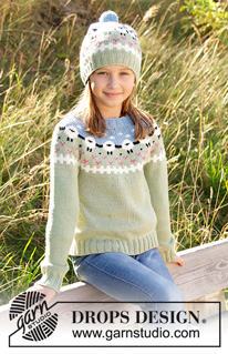 Lamb Dance Sweater / DROPS Children 34-3 - Pull enfant tricoté de haut en bas en DROPS Merino Extra Fine ou DROPS Lima avec jacquard mouton, côtes et jersey. Du 3 au 12 ans