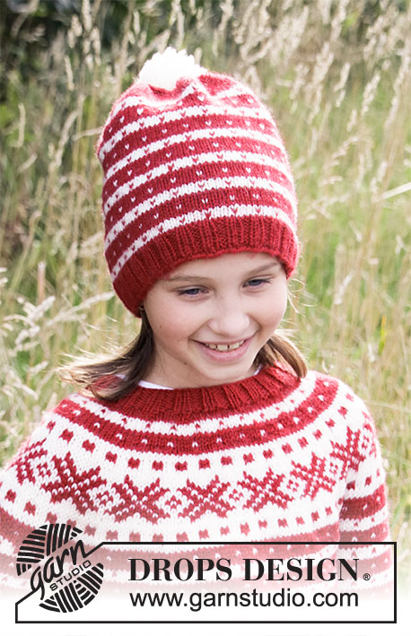 Candy Cane Lane Hat / DROPS Children 34-33 - Gestrickte Mütze für Kinder mit nordischem Fana Muster in DROPS Karisma oder DROPS Lima. Größe 3 – 14 Jahre