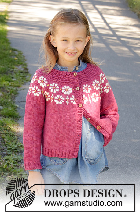 Daisy Delight Cardigan / DROPS Children 34-5 - Knitted jacket for children in DROPS Merino Extra Fine. DROPS Lima or DROPS Cotton Light. The piece is worked top down with flowers, colored pattern, garter stitch and stockinette stitch. Sizes 3-12 years.