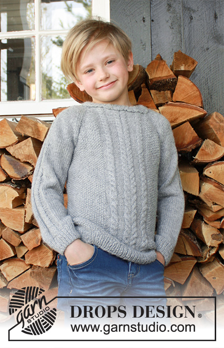 Cable Road / DROPS Children 37-10 - Knitted jumper for children with cables and raglan in 2 strands DROPS Alpaca. Size 3-12 years
