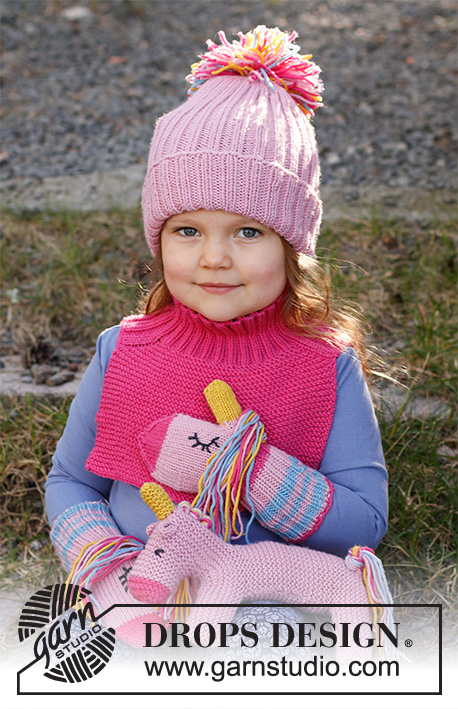 Rainbow Unicorn Set / DROPS Children 37-16 - Knitted hat and neck warmer for children in DROPS Merino Extra Fine. Piece is worked in garter stitch and rib.