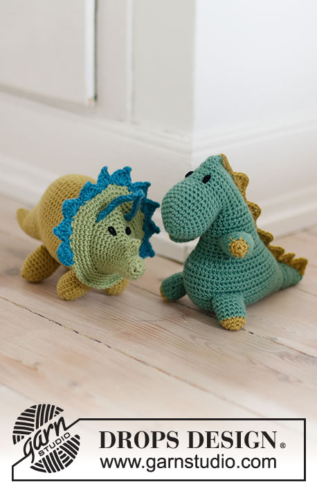 Tracy the Triceratops / DROPS Children 37-22 - Crocheted triceratops dinosaur in DROPS Merino Extra Fine. The piece is worked from nose to tail without a seam. Theme: Soft toys.