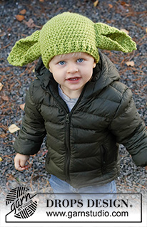 Green Ears / DROPS Children 37-23 - Gorro a ganchillo con orejas grandes para niños en DROPS Snow. Tallas 1 – 8 años. Tema: Halloween.