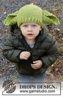 Green Ears / DROPS Children 37-23 - Gorro a ganchillo con orejas grandes para niños en DROPS Snow. Tallas 1 – 8 años. Tema: Halloween.