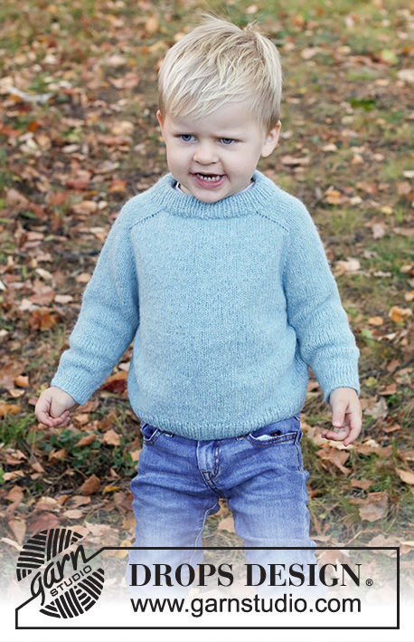 Tiny Cloud / DROPS Children 40-14 - Knitted jumper for children in DROPS Sky. The piece is worked top down with double neck and saddle shoulders. Sizes 3 – 14 years.