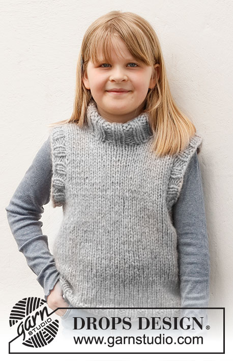 Smooth Stone Vest / DROPS Children 40-23 - Knitted vest / slipover for children in DROPS Wish. The piece is worked in stocking stitch, with ribbed edging and high, double neck. Sizes 2-12 years.