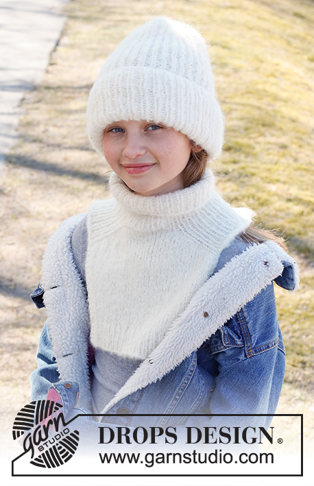 Soft Snuggles / DROPS Children 40-35 - Knitted hipster-hat and neck-warmer for children, with saddle shoulders and rib in DROPS Melody. Sizes 2 - 12 years.