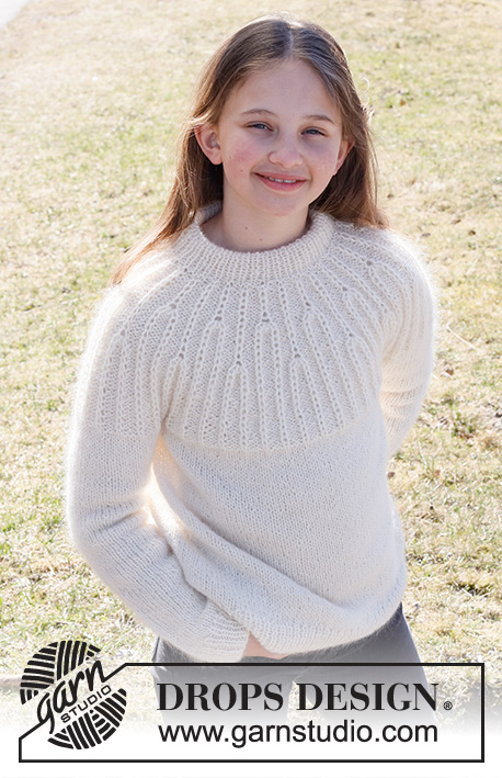 Forest Vines Kids / DROPS Children 40-7 - Knitted jumper for children in DROPS Alpaca and DROPS Kid-Silk. The piece is worked top down with double neck, round yoke and textured pattern with stitches in Fisherman’s rib on the yoke. Sizes 2 to 12 years.