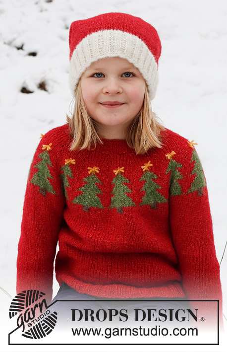 Merry Trees / DROPS Children 41-17 - Knitted Christmas jumper and hat for children in DROPS Air. The jumper is worked top down with round yoke and Christmas tree pattern. The hat is worked in the round, bottom up. Sizes 2 - 14 years. Theme: Christmas.