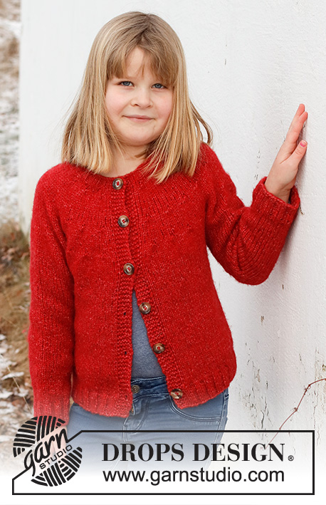 Red Hibiscus Jacket / DROPS Children 41-6 - Knitted jacket for children in DROPS Air. The piece is worked top down with round yoke. Sizes 3 – 12 years.