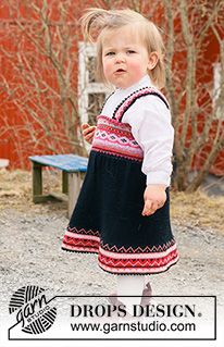 Hipp Hipp Hurra Dress / DROPS Children 44-1 - Strikket kjole / festdrakt til baby og barn i DROPS BabyMerino. Arbeidet strikkes ovenfra og ned med nordisk mønster. Størrelse 6 mnd – 6 år.