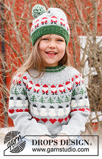 Christmas Time Sweater / DROPS Children 44-14 - Gestrickter Pullover für Kinder in DROPS Karisma. Die Arbeit wird von oben nach unten mit Rundpasse und mehrfarbigem Muster mit Weihnachtswichteln, Tannen und Herzen gestrickt. Größe 2 – 14 Jahre. Thema: Weihnachten.