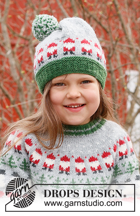 Santa Time Hat / DROPS Children 44-15 - Gestrickte Mütze für Kinder in DROPS Karisma. Die Arbeit wird von unten nach oben mit mehrfarbigem Muster mit Weihnachtswichteln gestrickt. Größe 2 – 14 Jahre. Thema: Weihnachten.