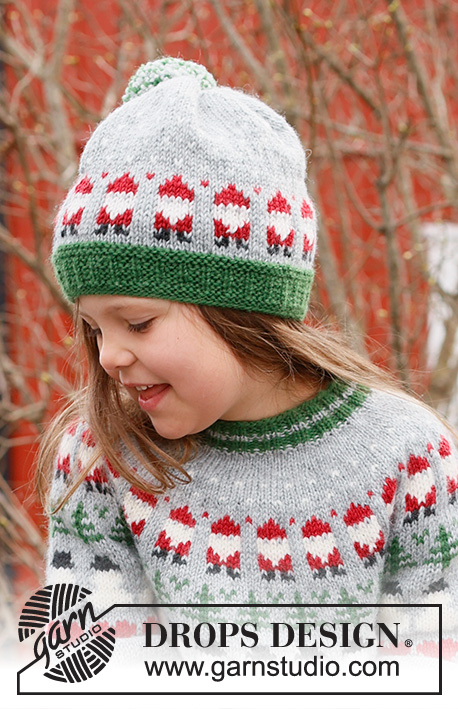 Santa Time Hat / DROPS Children 44-15 - Bonnet tricoté pour enfant en DROPS Karisma. Se tricote de bas en haut, avec jacquard Père Noël. Du 2 au 14 ans. Thème: Noël.