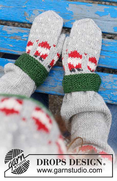 Santa Time Mittens / DROPS Children 44-16 - Knitted mittens for children in DROPS Karisma. The piece is worked bottom up with colored Santa pattern. Sizes 2 – 14 years. Theme: Christmas.