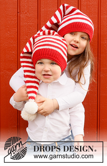 Santa's Helpers / DROPS Children 44-23 - Bonnet de Noël / long bonnet crocheté pour enfant en DROPS BabyMerino. Se crochète de bas en haut, avec rayures. Thème: Noël.