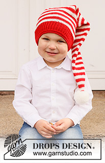 Santa's Helpers / DROPS Children 44-23 - Bonnet de Noël / long bonnet crocheté pour enfant en DROPS BabyMerino. Se crochète de bas en haut, avec rayures. Thème: Noël.