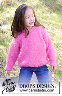 Sugarplum Fairy / DROPS Children 47-1 - Strikket bluse til børn i DROPS Melody. Arbejdet strikkes nedefra og op med glatstrik og v-hals Størrelse 2 – 12 år.