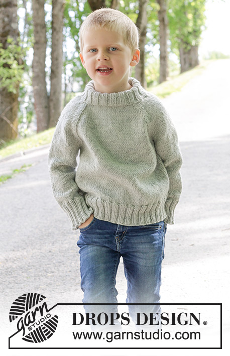 Sea Salt / DROPS Children 47-10 - Knitted jumper for children in DROPS Alaska. The piece is worked top down with raglan and double neck. Sizes 2 – 12 years.