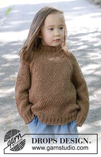 Chocolate Puff / DROPS Children 47-11 - Knitted sweater for children in DROPS Lima or DROPS Daisy. The piece is worked top down with relief-pattern, double neck and raglan. Sizes 2 – 12 years.