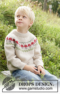 Mushroom Season Sweater / DROPS Children 47-13 - Lapsen ylhäältä alas neulottu pusero DROPS Karisma-langasta. Työssä on kaksinkertainen pääntien reunus, kaarroke, kirjoneuletta ja sienikuvioita. Koot 2 - 14 vuotta.
