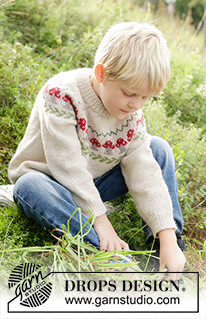 Mushroom Season Sweater / DROPS Children 47-13 - Maglione per bambini lavorato ai ferri in DROPS Karisma. Lavorato dall’alto in basso con collo doppio, sprone rotondo e motivo a funghi multicolore. Taglie: 2 – 14 anni.