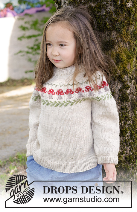Mushroom Season Sweater / DROPS Children 47-14 - Kötött pulóver gyermekeknek DROPS Karisma fonalból. A darabot fentről lefelé irányban készítjük, dupla nyakkal, kerek vállrésszel és színes gombás mintával. 2 - 14 éveseknek való méretekben