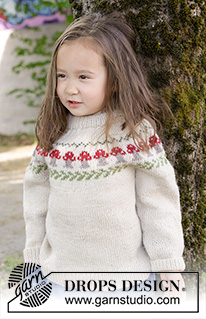 Mushroom Season Sweater / DROPS Children 47-14 - Dětský pulovr s kruhovým sedlem a pestrobarevným norským vzorem s houbami pletený shora dolů z příze DROPS Karisma. Velikost 2 – 14 let.