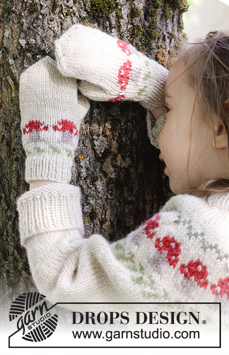Mushroom Season Mittens / DROPS Children 47-16 - Moufles tricotées pour enfant en DROPS Karisma. Se tricotent de bas en haut avec jacquard champignons. Du 2 au 14 ans.