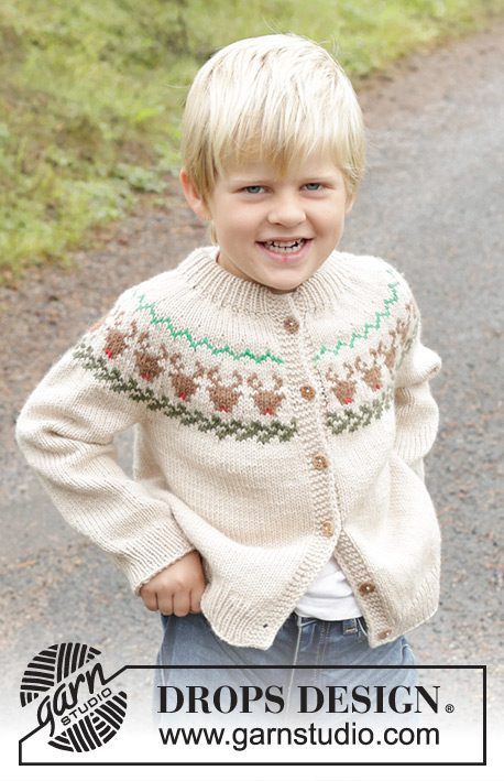 Reindeer Dance Cardigan / DROPS Children 47-17 - Knitted jacket for children in DROPS Daisy. The piece is worked top down with double neck, round yoke and multi-coloured reindeer pattern. Sizes 2 – 14 years.