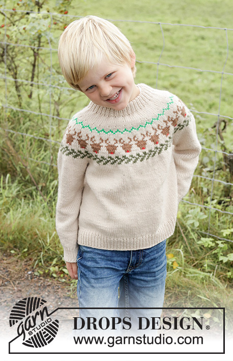 Reindeer Dance Sweater / DROPS Children 47-18 - Knitted sweater for children in DROPS Daisy. The piece is worked top down with double neck, round yoke and multi-colored reindeer pattern. Sizes 2 – 14 years.