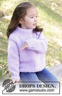 Smiling Lavender Sweater / DROPS Children 47-2 - Gestrickter Pullover für Kinder in DROPS Melody. Die Arbeit wird von unten nach oben glatt rechts mit doppelter Halsblende gestrickt. Größe 2 – 12 Jahre.