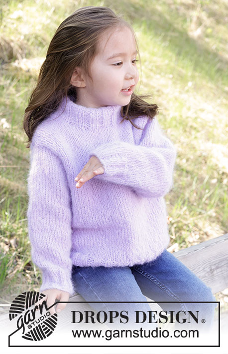 Smiling Lavender Sweater / DROPS Children 47-2 - Jersey de punto para niños en DROPS Melody. La pieza está tejida de abajo hacia arriba en punto jersey con cuello doble. Tallas 2 – 12 años.