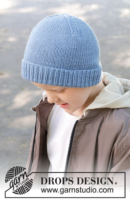 Bright Sky Hat / DROPS Children 47-26 - Bonnet tricoté pour enfant en DROPS Big Merino. Se tricote de bas en haut, en jersey, avec revers. Du 2 au 12 ans.