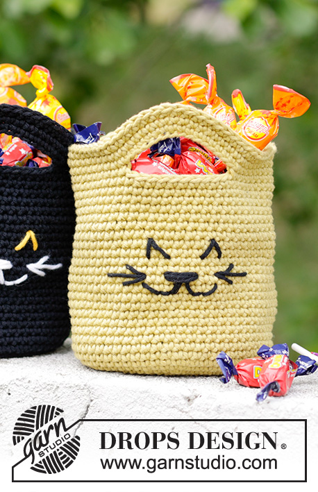 Cat Tricks Bag / DROPS Children 47-31 - Sac / Corbeille crochetée avec motif chat, en DROPS Paris. Se crochète de bas en haut. Thème: Halloween.