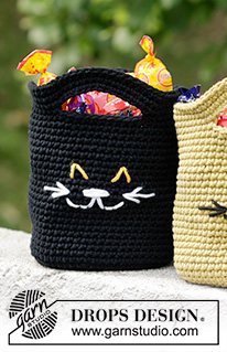 Cat Tricks Bag / DROPS Children 47-31 - Hæklet kurv / taske med kat i DROPS Paris. Arbejdet hækles rundt, nedefra og op. Tema: Halloween.